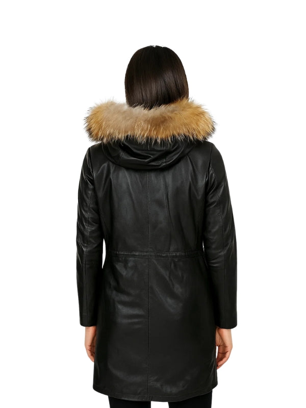Women's Black Detachable Hood Real Fur Collar Puffer Long Coat