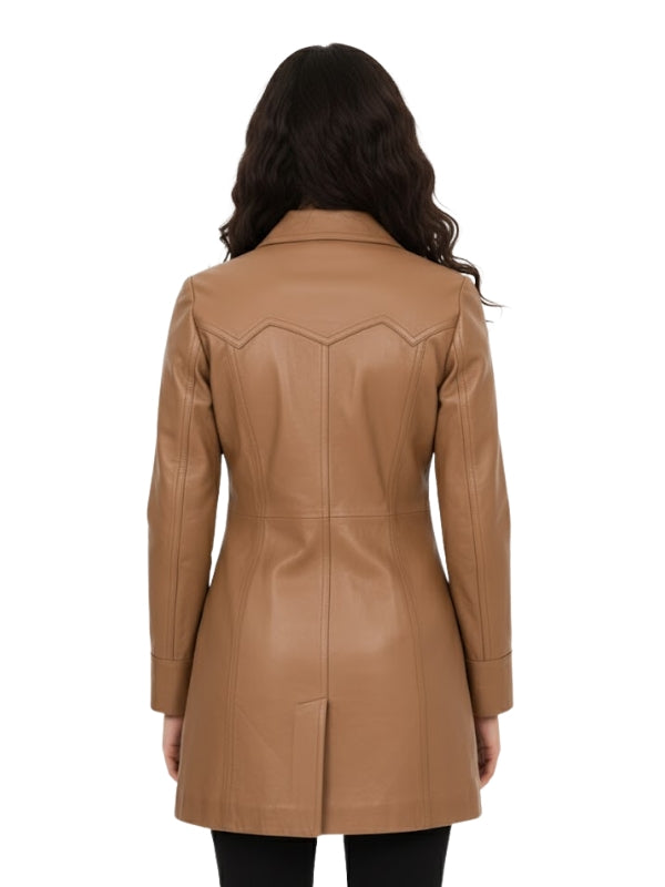 Brown leather coat worn by a person on a white background