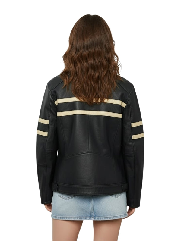 Black leather jacket with beige stripes on a white background