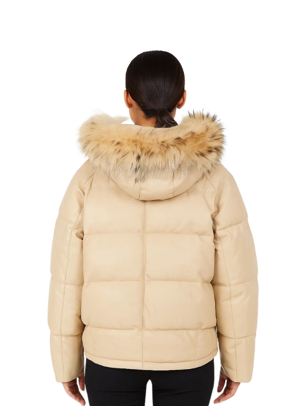 Beige puffer jacket with fur hood on a white background