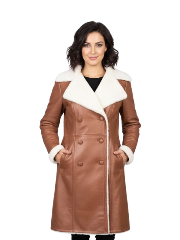 Woman wearing a brown leather coat with white fur trim on a white background