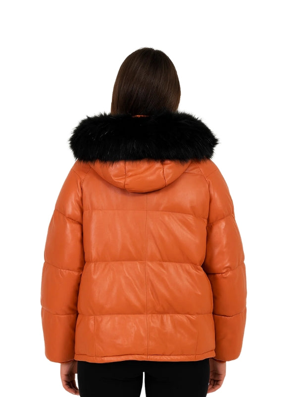 Orange puffer jacket with black fur hood on a white background