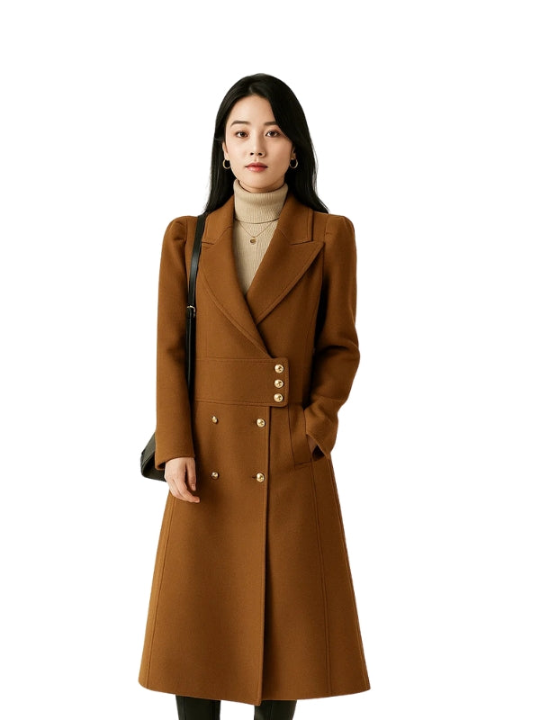 Woman wearing a brown coat on a white background