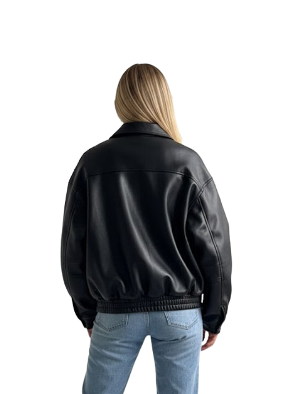 Person wearing a black leather jacket on a white background