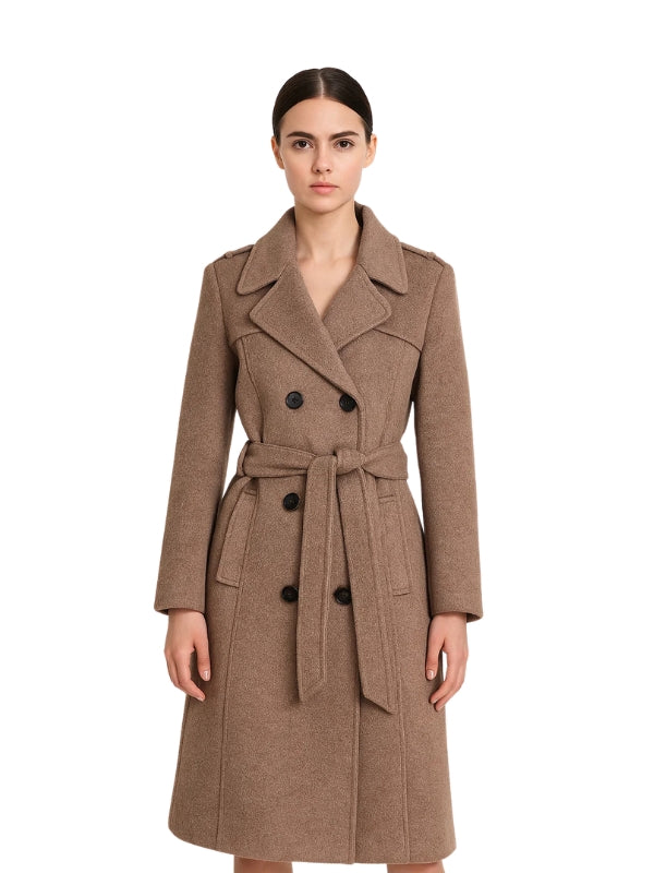 Woman wearing a brown coat on a white background