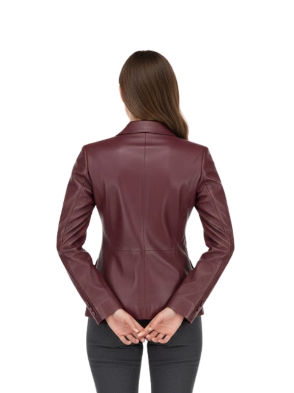 Maroon leather jacket worn by a person on a white background
