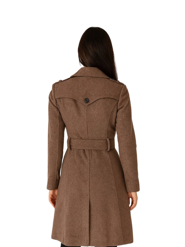 Brown coat worn by a person on a white background