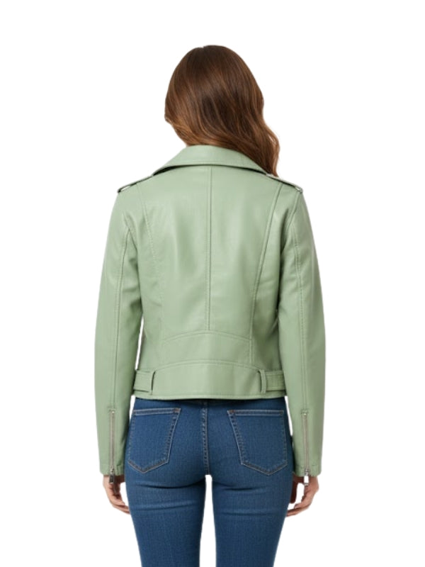 Person wearing a light green leather jacket and blue jeans on a white background