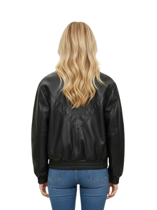 Person wearing a black leather jacket on a white background