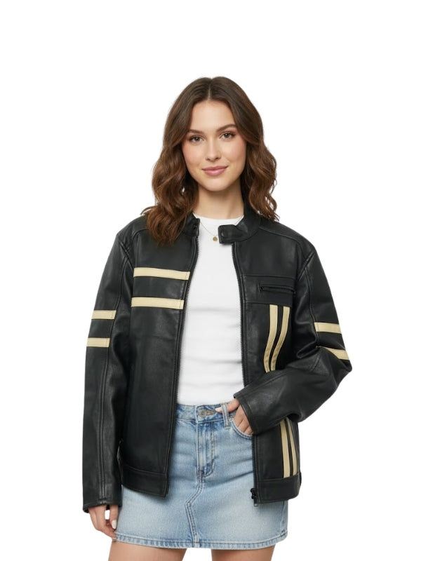 Woman wearing a black leather jacket with beige stripes on a white background