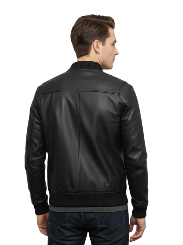 Man wearing a black leather jacket on a white background