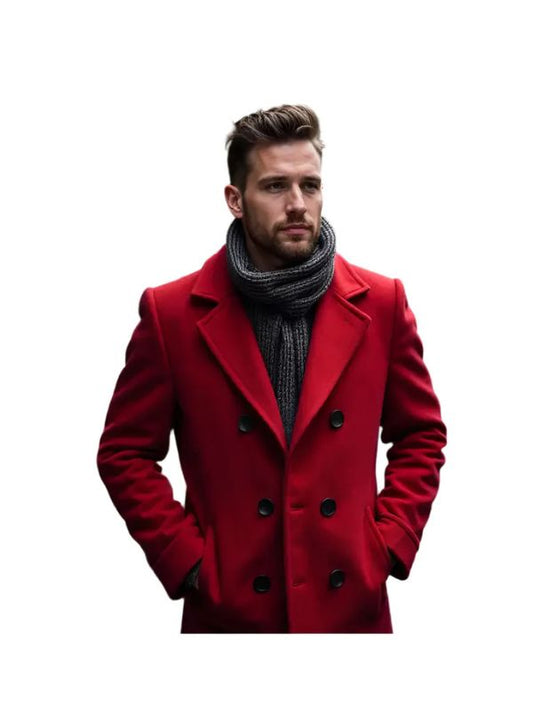 Men's Double-Breasted Real Wool Overcoat Elegant Red Knee-Length Coat