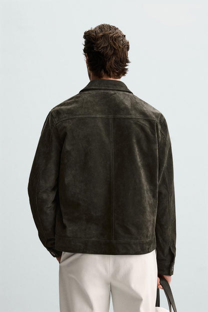 Men's Real Suede Long Sleeves Polyester Lining Green Jacket