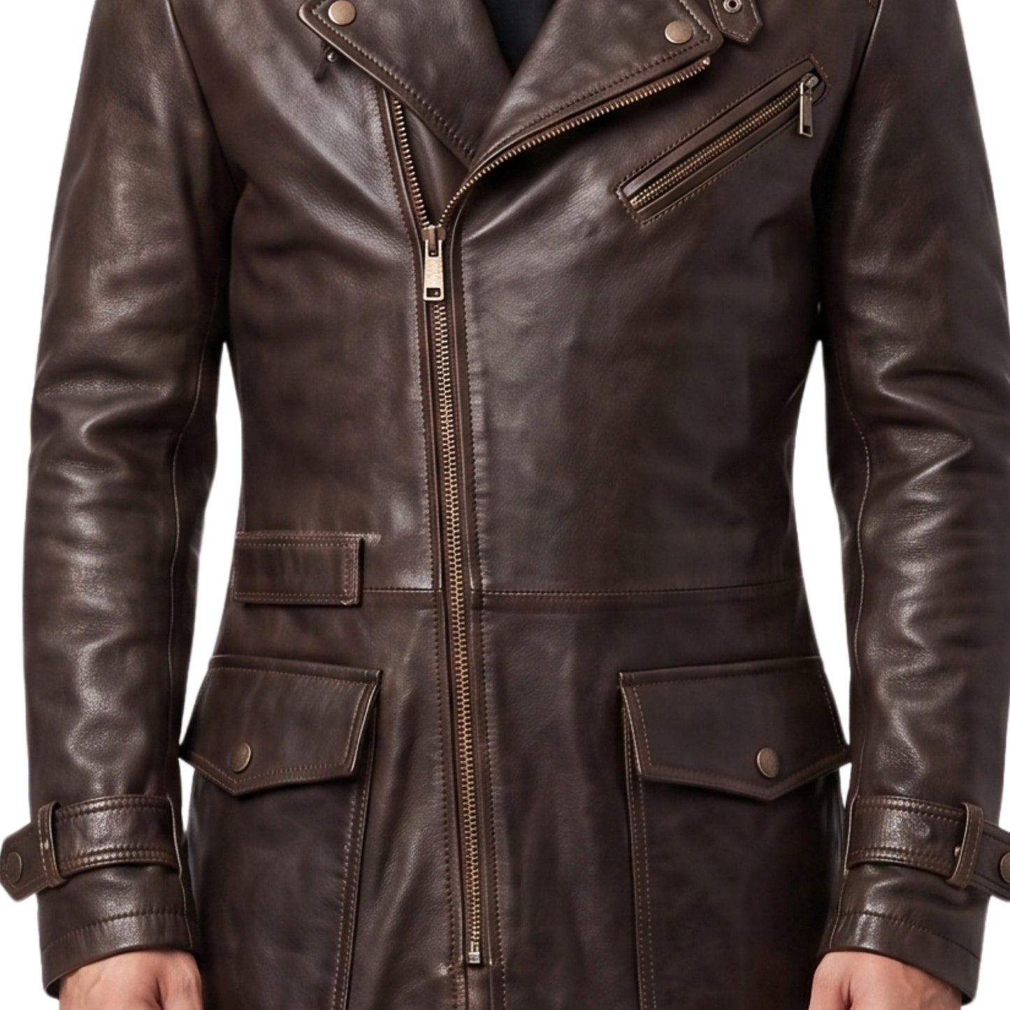 Premium Men's Brown Cowhide Leather Trench Coat
