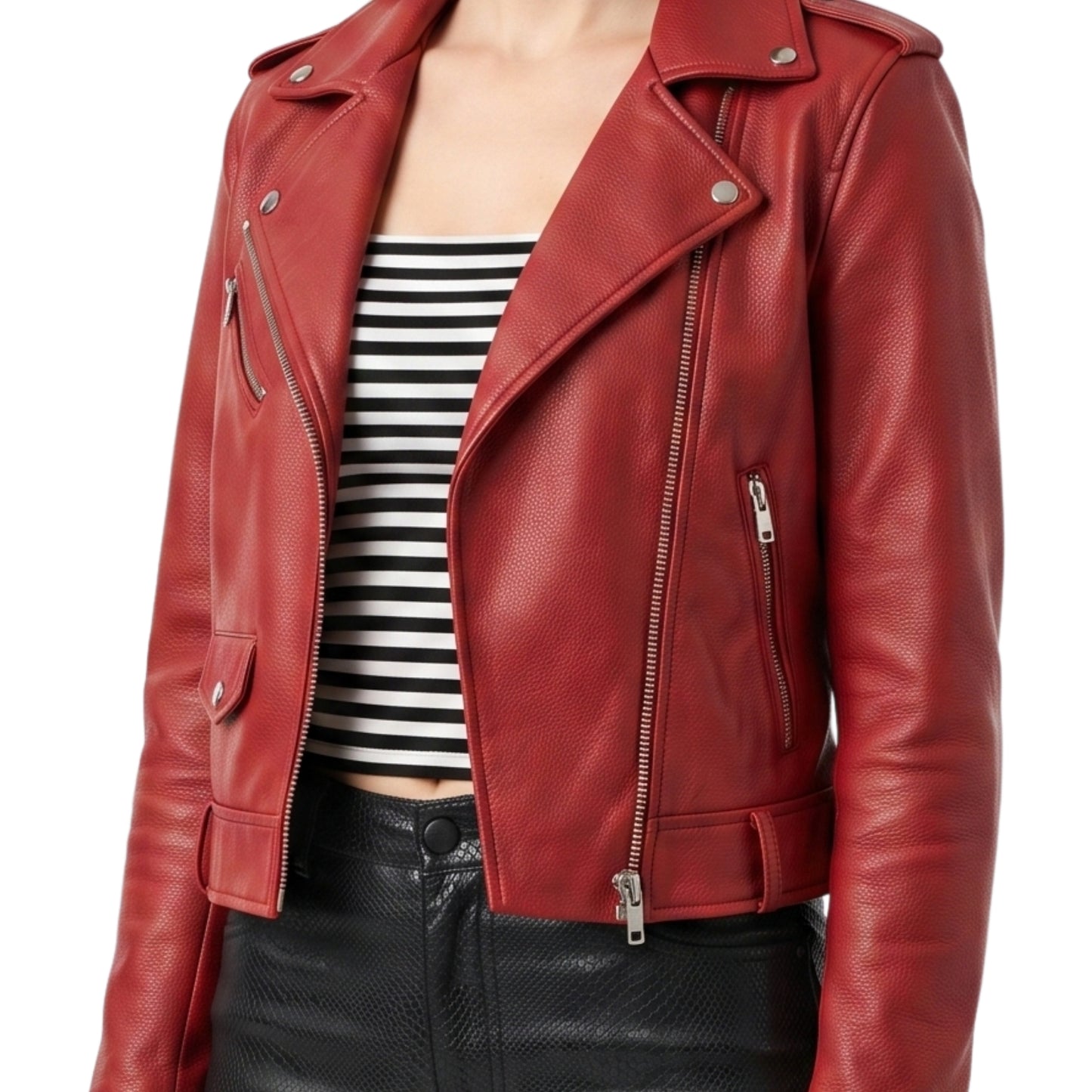 Stylish Womens Red Leather Biker Jacket Order Today