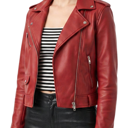 Stylish Womens Red Leather Biker Jacket Order Today