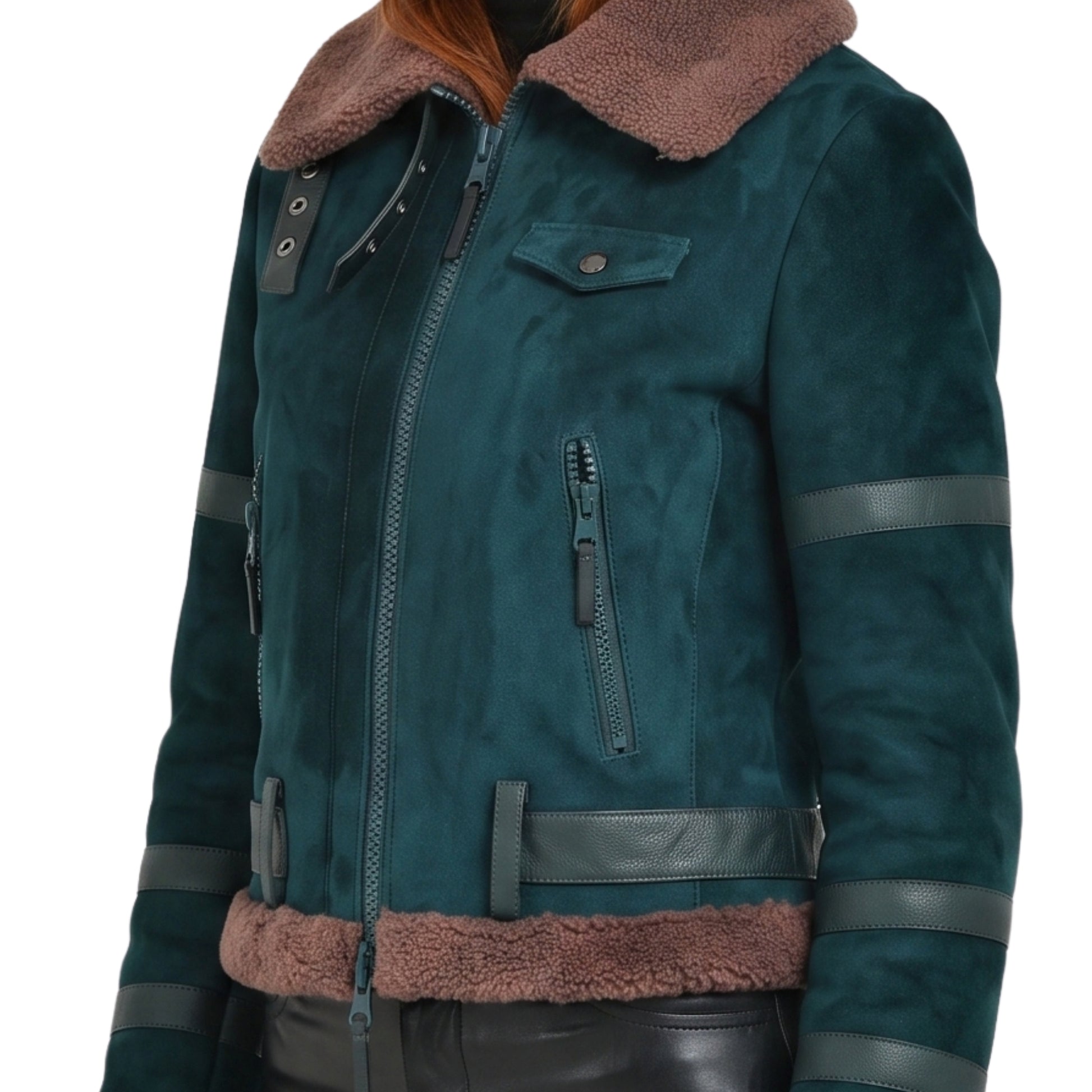 Womens B3 Leather Bomber Green Shearling Coat Order Today
