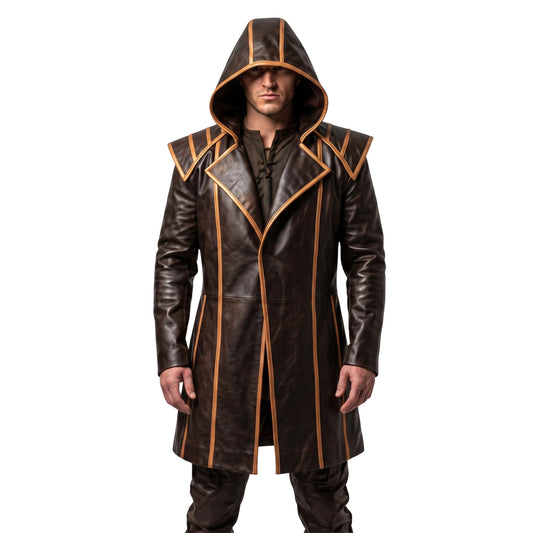 Mens Brown Genuine Cowhide Leather Medieval Overcoat