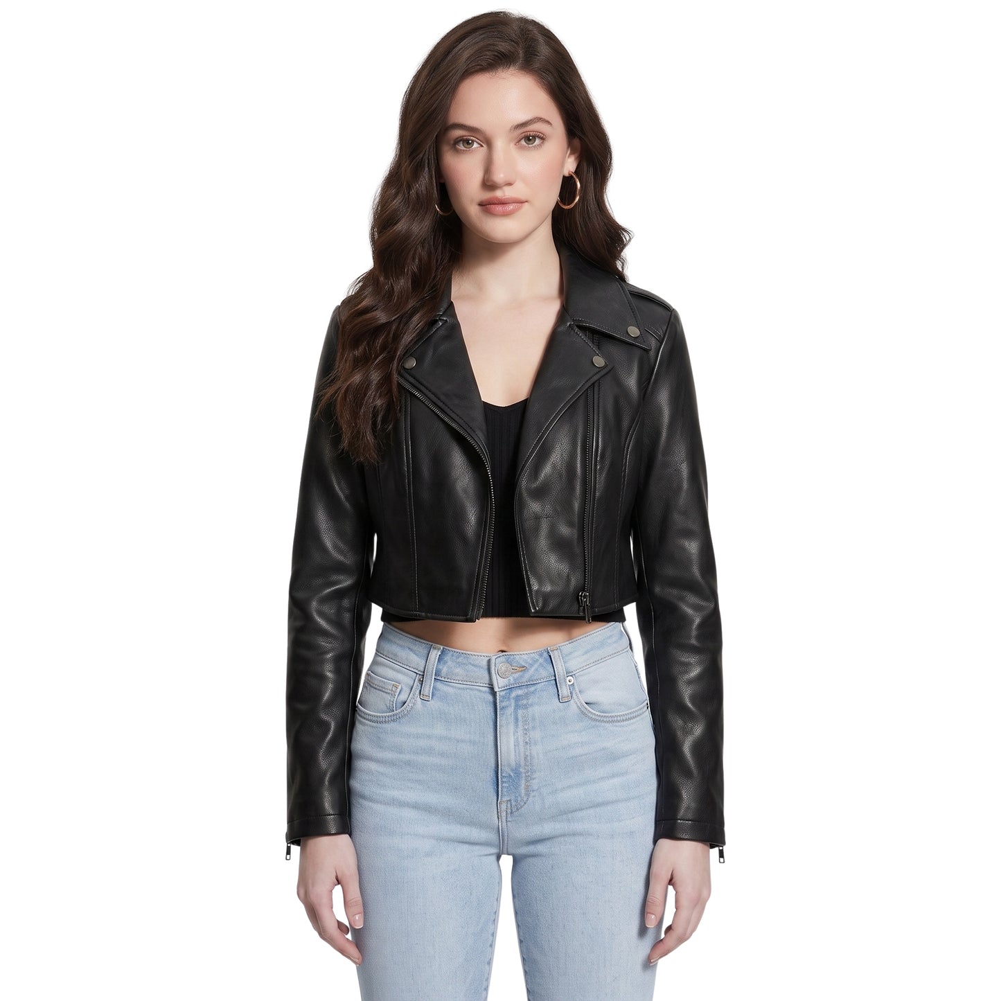 Trendy Black Cropped Leather Biker Jacket Womens Buy Now
