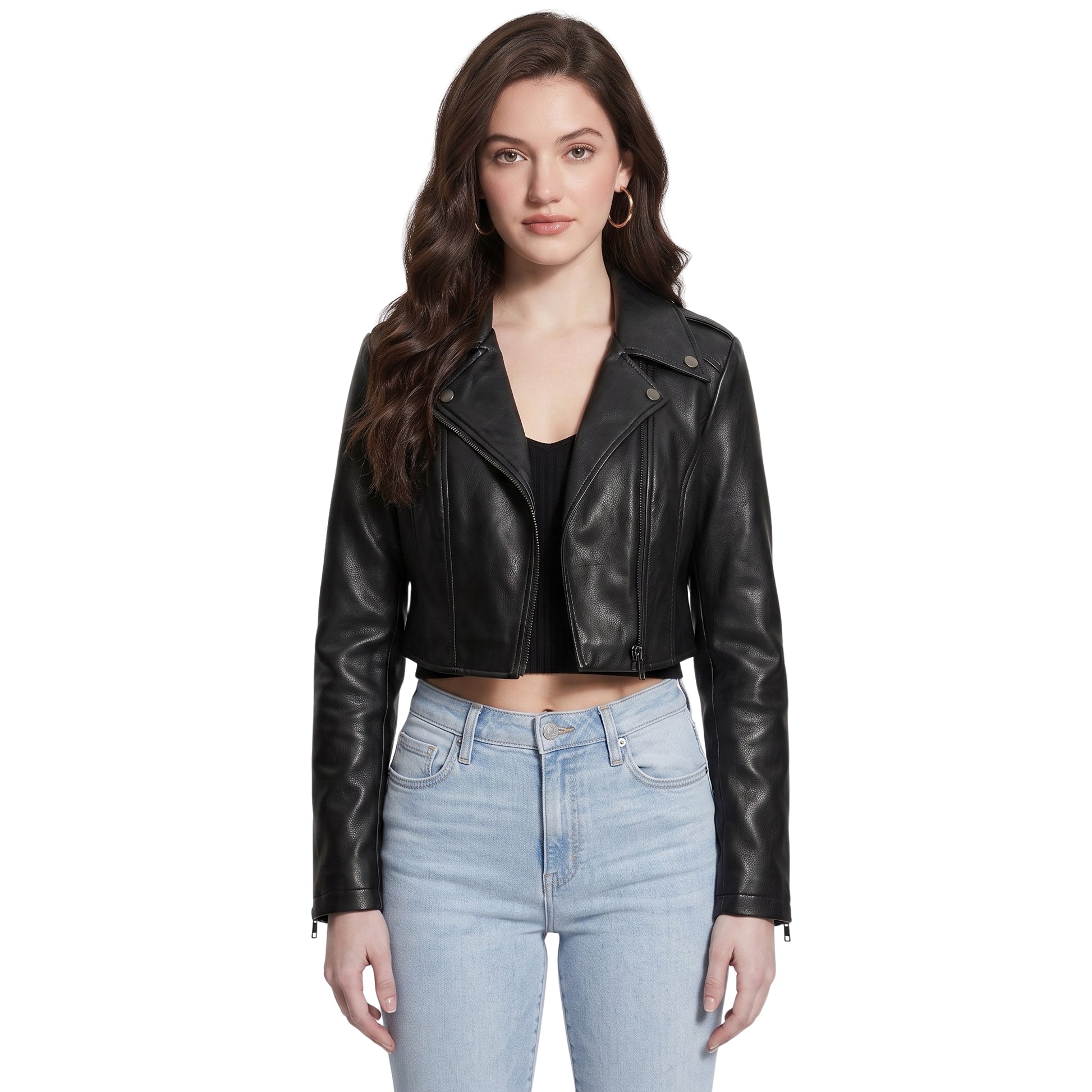 Trendy Black Cropped Leather Biker Jacket Womens Buy Now