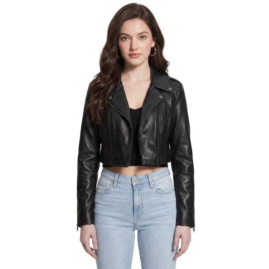 Trendy Black Cropped Leather Biker Jacket Womens Buy Now