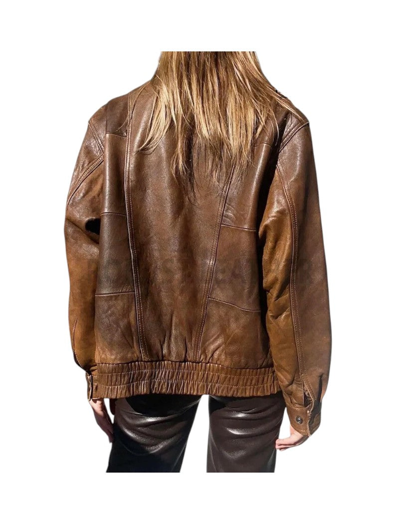 Women's Vintage Oversize Cowhide Brown Leather Jacket