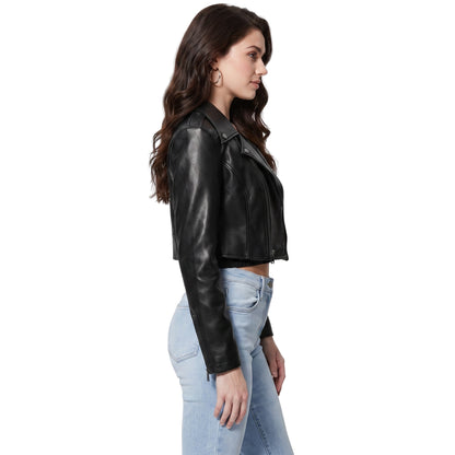 Trendy Black Cropped Leather Biker Jacket Womens Shop Now