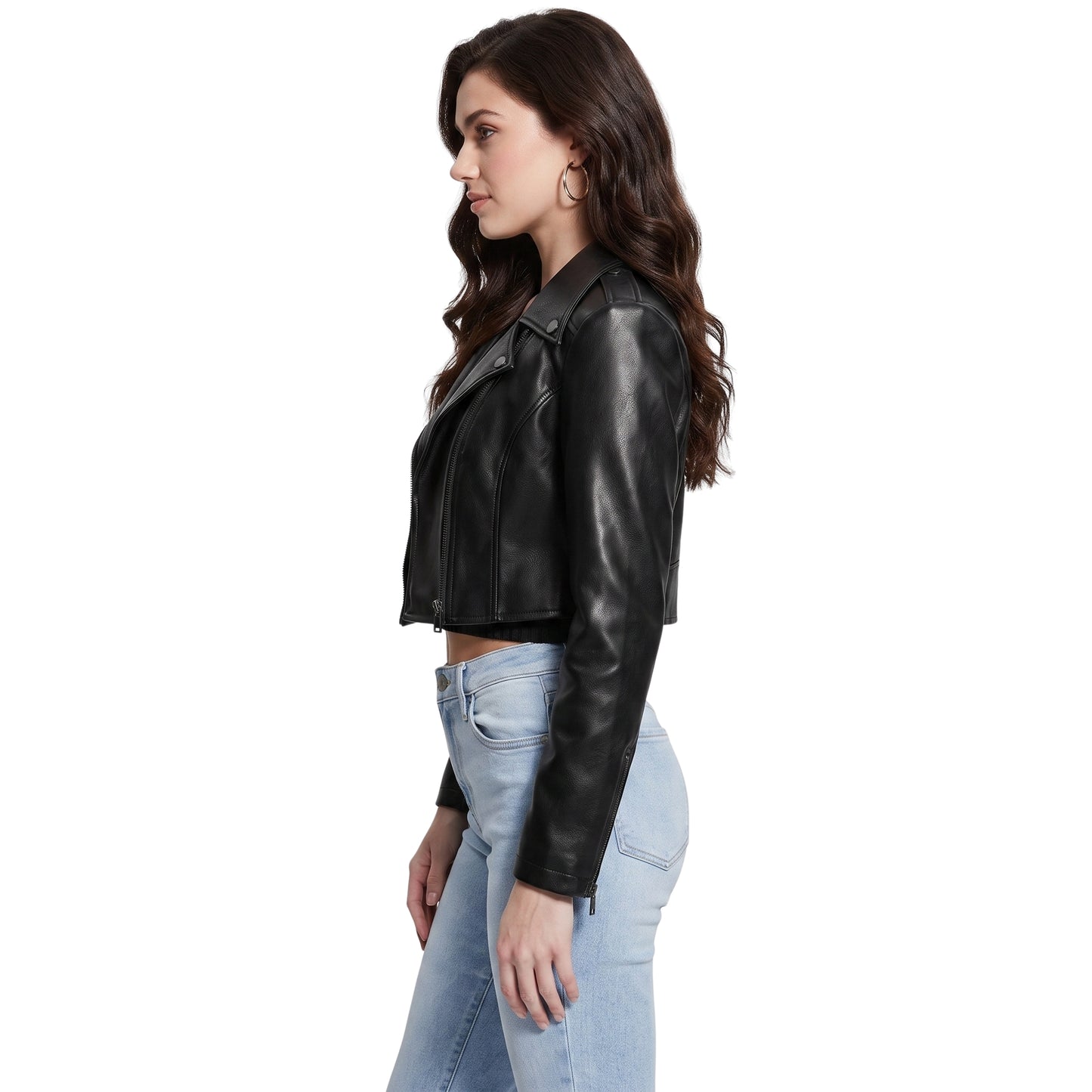Trendy Black Cropped Leather Biker Jacket Womens Order Now