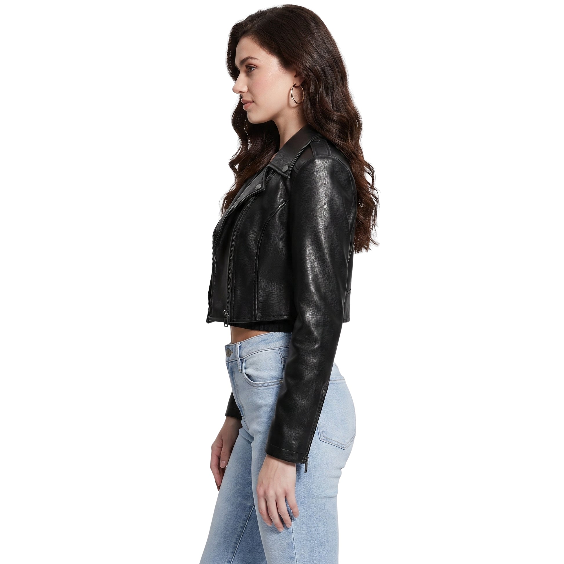 Trendy Black Cropped Leather Biker Jacket Womens Order Now