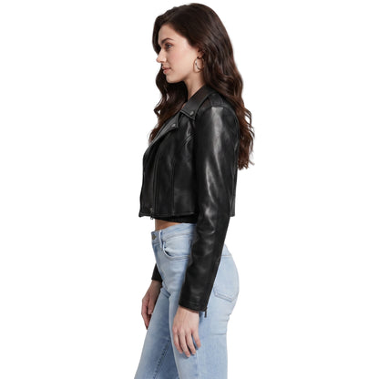Trendy Black Cropped Leather Biker Jacket Womens Order Now