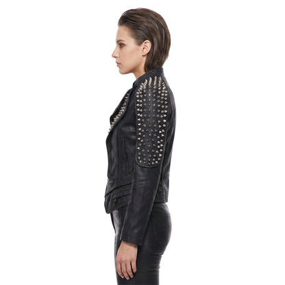 Womens Stylish Studded Black Leather Jacket