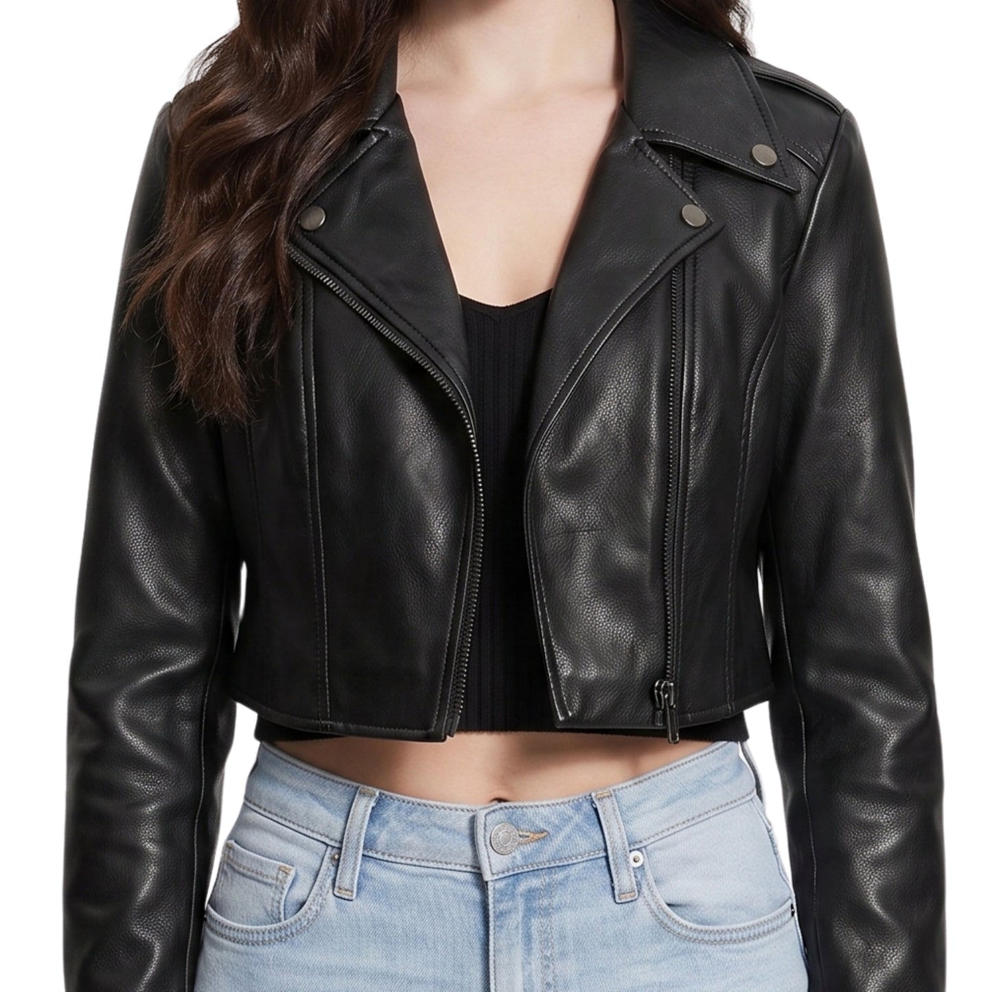 Trendy Black Cropped Leather Biker Jacket Womens Order Today