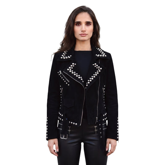 Women Suede Studded Leather Jacket