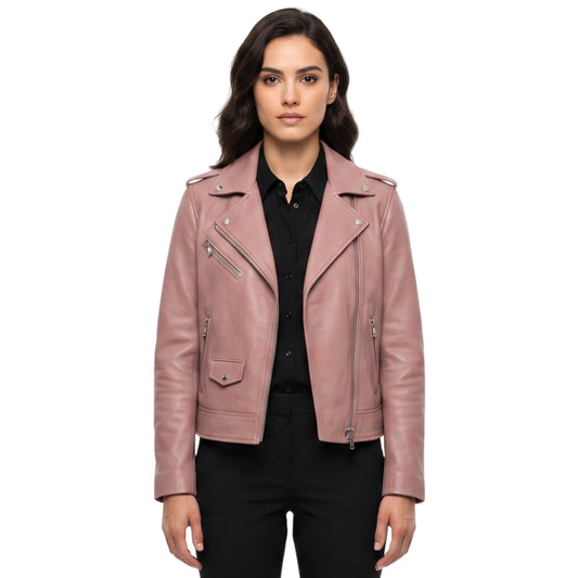 Stylish Pink Womens Biker Leather Jacket Buy Now