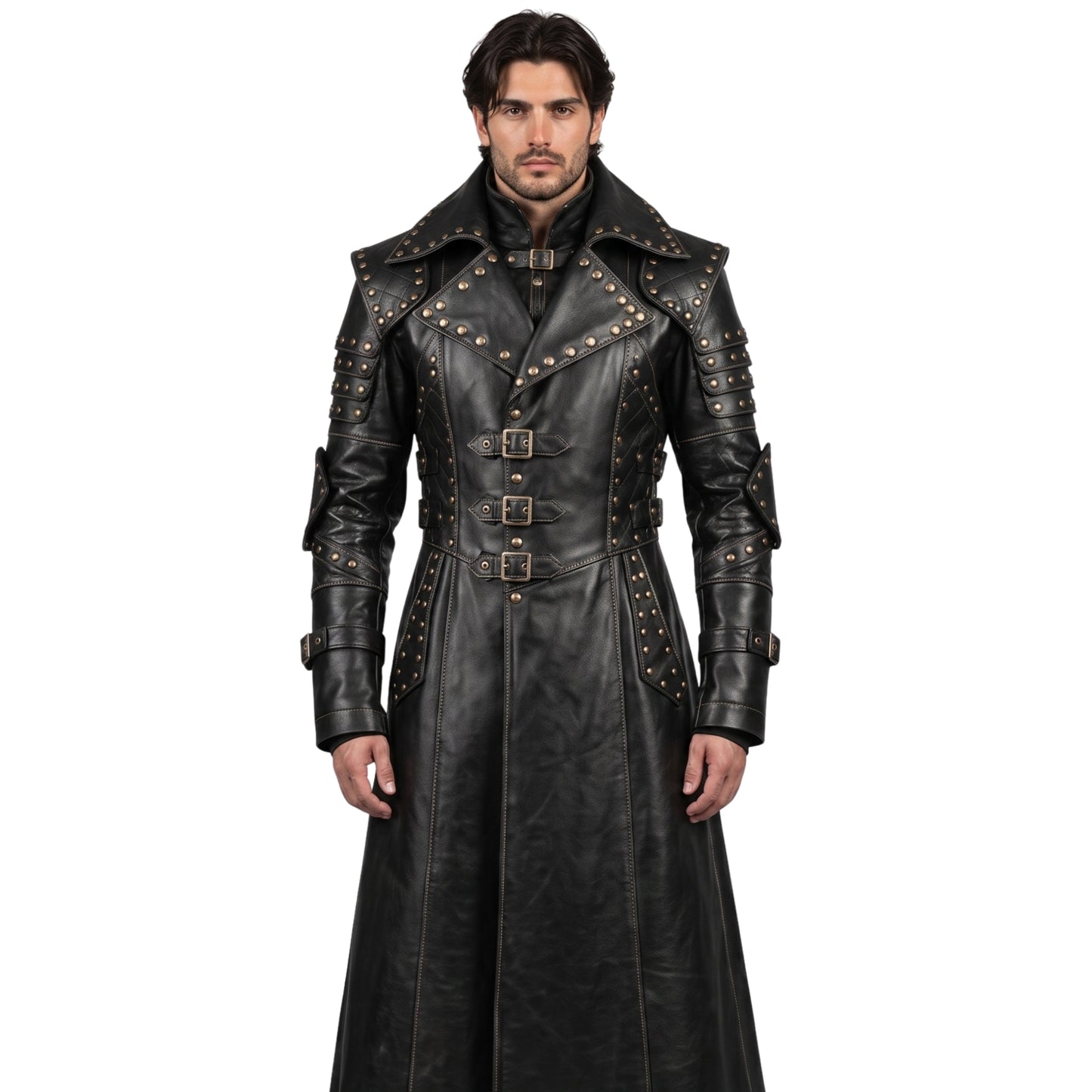 Men Black Genuine Cowhide Leather Gothic Trench Coat