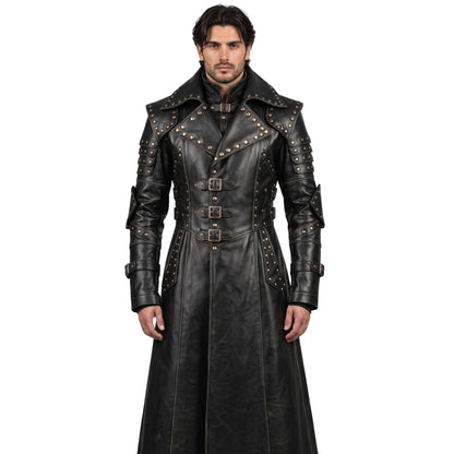 Men Black Genuine Cowhide Leather Gothic Trench Coat