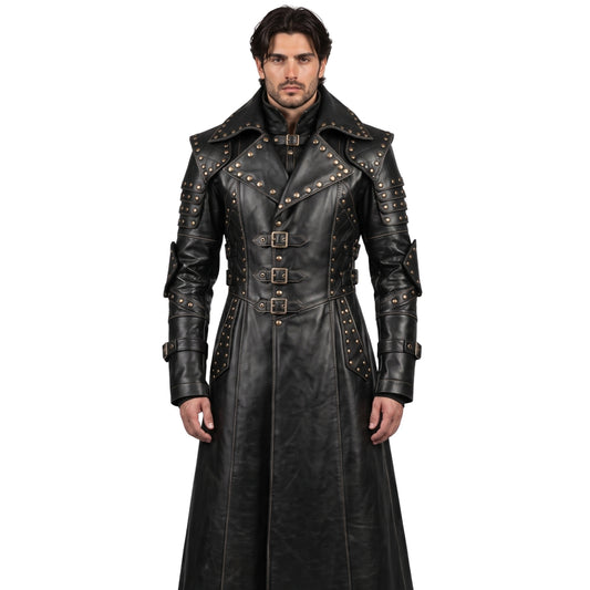 Men Black Genuine Cowhide Leather Gothic Trench Coat