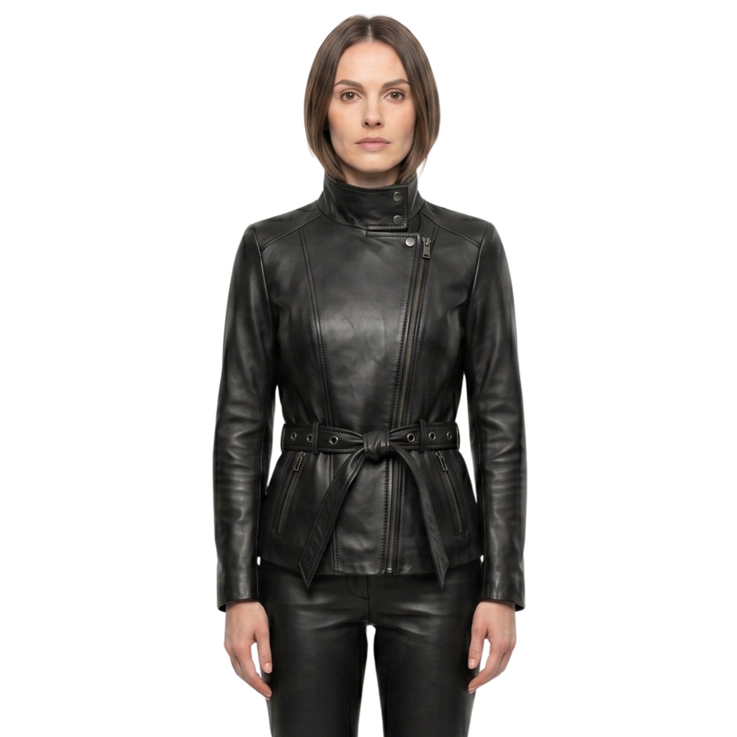 Womens Belted Black Biker Leather Jacket Buy Now