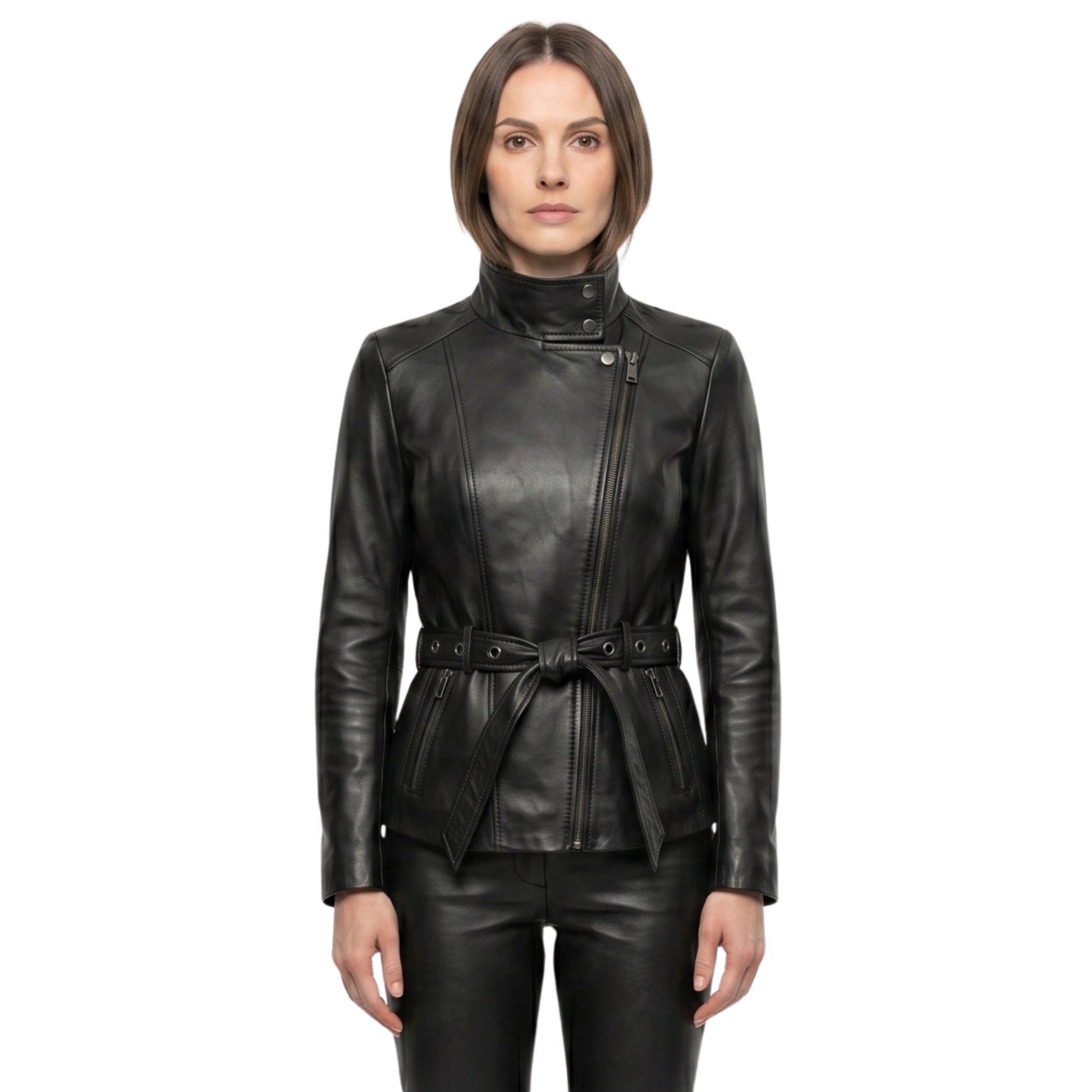 Womens Belted Black Biker Leather Jacket Buy Now