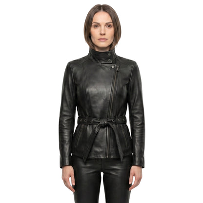 Womens Belted Black Biker Leather Jacket Buy Now