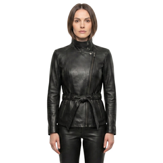 Womens Belted Black Biker Leather Jacket Buy Now