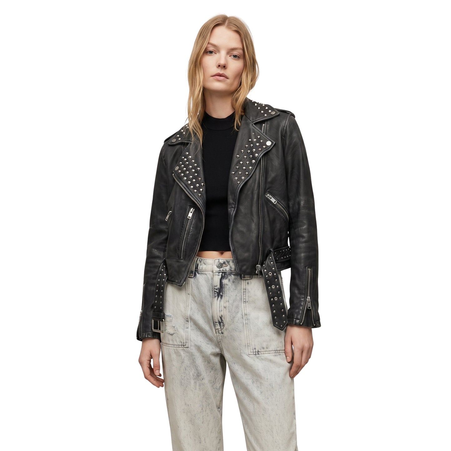 Women Studded Black Leather Biker Jacket Buy Now