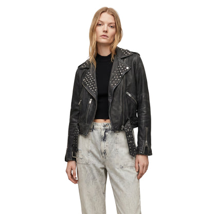Women Studded Black Leather Biker Jacket Buy Now