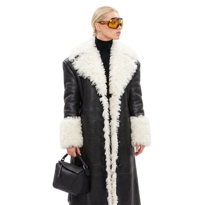 Elsa Hosk Black Shearling Leather Coat