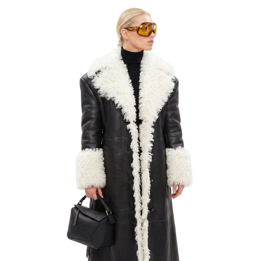 Elsa Hosk Black Shearling Leather Coat