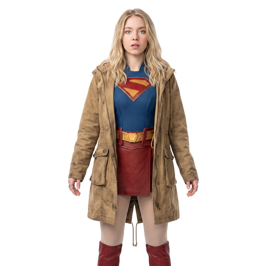 Milly Alcock Supergirl 2026 Brown Hooded Jacket
