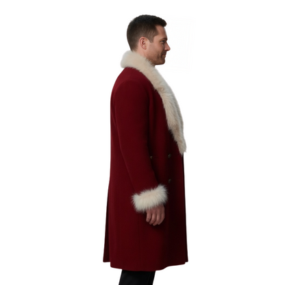Man wearing a red coat with white fur trim on a white background