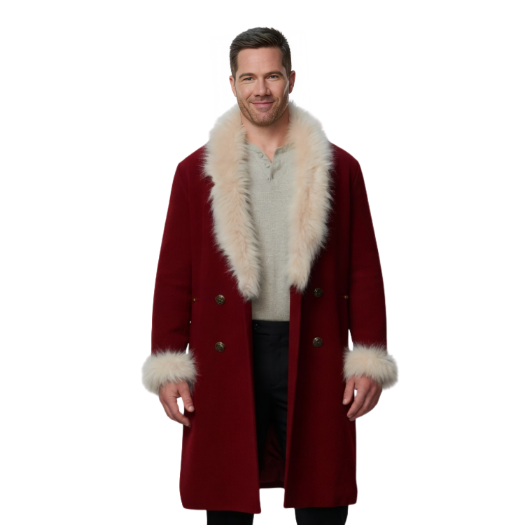 Man wearing a red coat with white fur trim on a white background