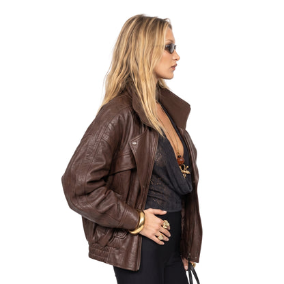 Bella Hadid PFW 2025 Brown Leather Jacket
