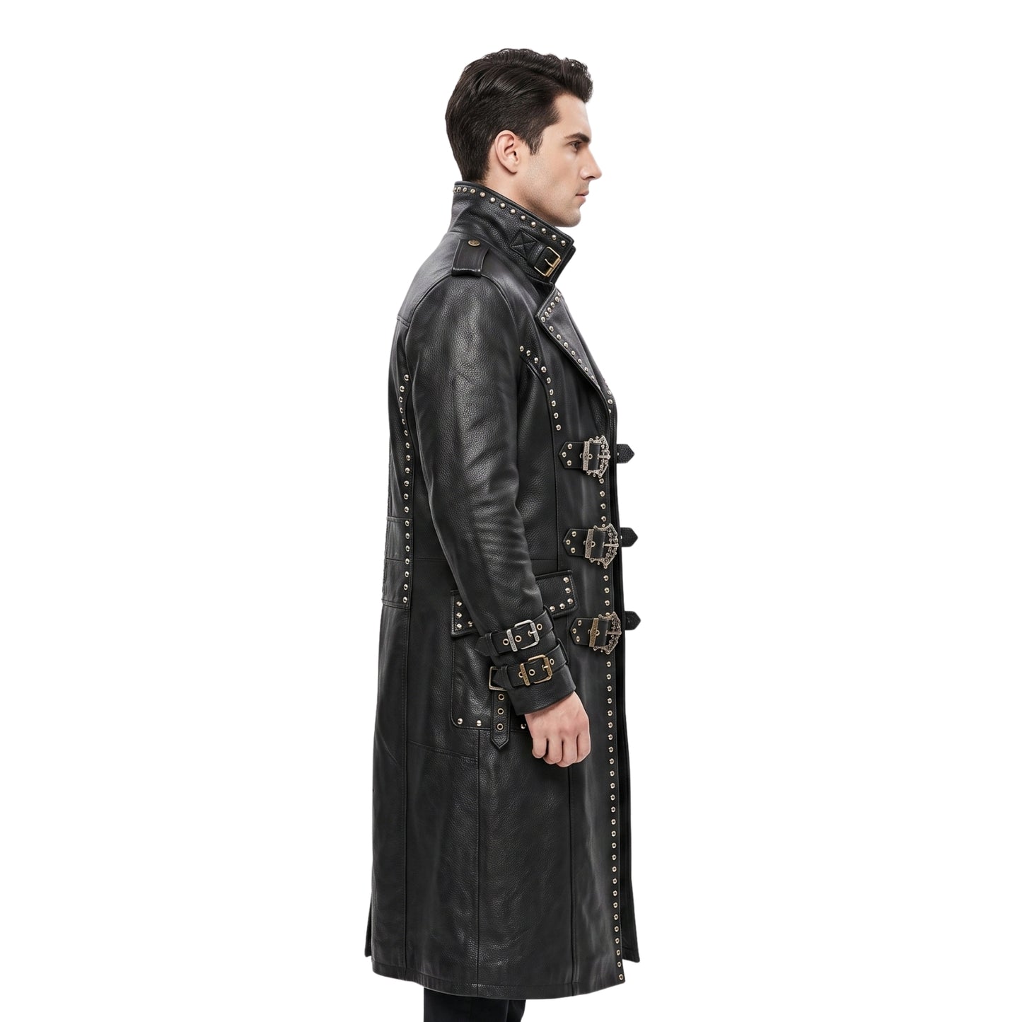 Men Black Genuine Cowhide Leather Gothic Trench Coat